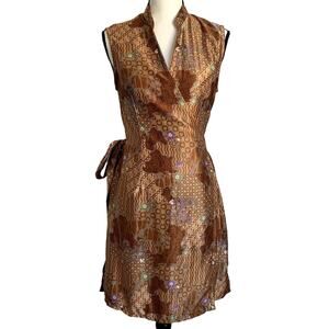 Vintage Portobello Satin Floral Geometric Mini Wrap Dress in Bronze